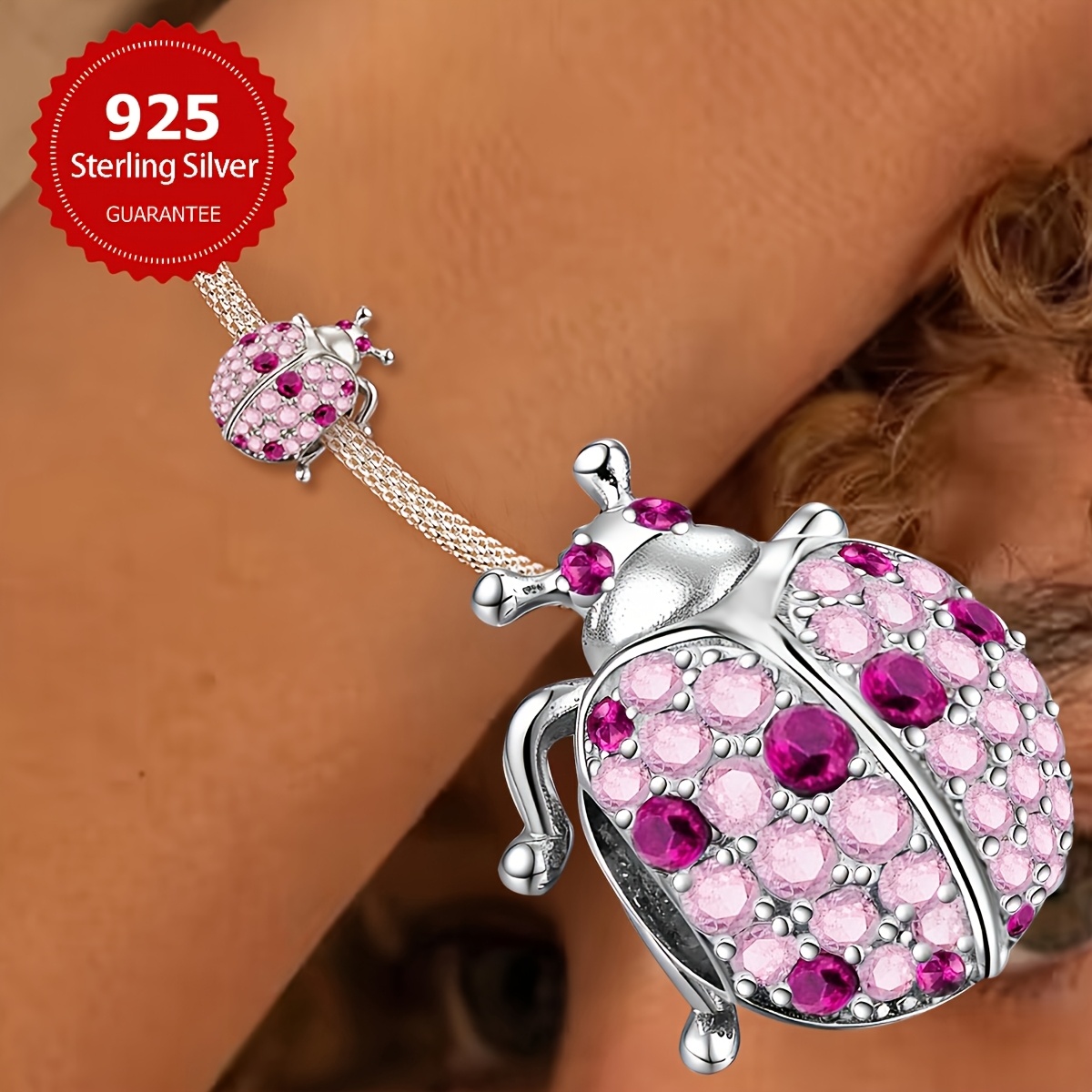 925 Silver Ladybug Bracelet Pink CZ Chain
